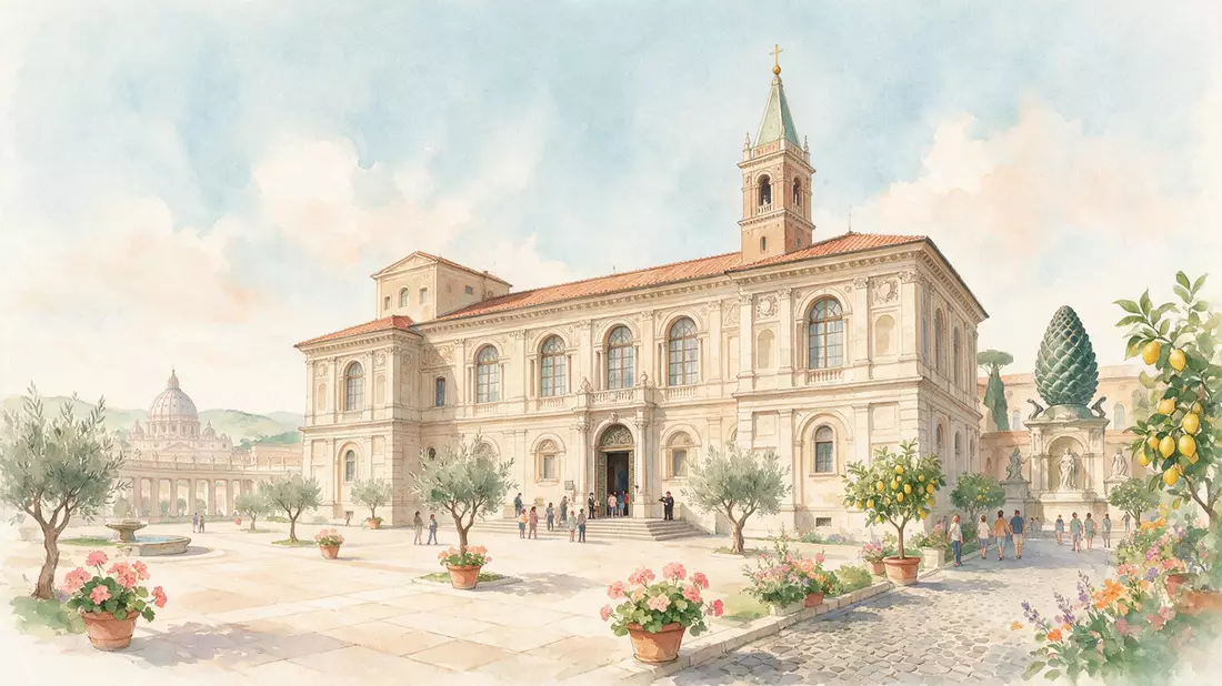 Aquarell-Illustration von Vatikanische Museen in Vatikanstadt, Vatikanstadt als Reiseposter