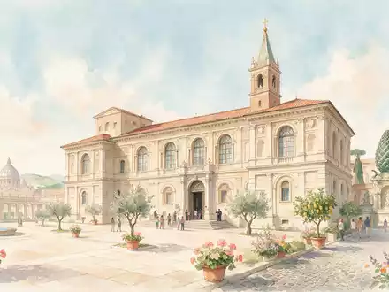 Aquarellillustration des Wahrzeichens Vatikanische Museen in Vatikanstadt Vatikanstadt, weiche Farbverläufe und pastelliges Reiseposter-Feeling - Foto: THN