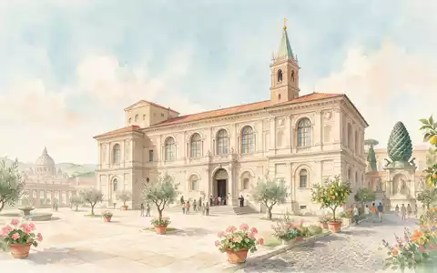 Aquarellillustration des Wahrzeichens Vatikanische Museen in Vatikanstadt Vatikanstadt, weiche FarbverlÀufe und pastelliges Reiseposter-Feeling - Foto: THN