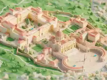 Isometrisches Diorama von Vatikanische Museen und Umgebung in Vatikanstadt Vatikanstadt, verspielte Low-Poly-Kulisse in Pastellfarben - Foto: THN