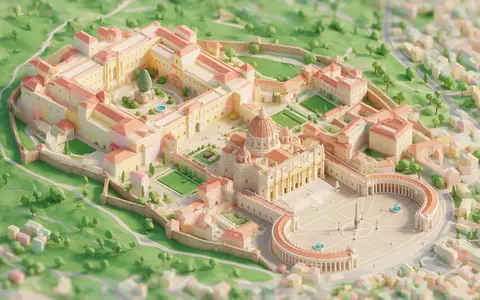 Isometrisches Diorama von Vatikanische Museen und Umgebung in Vatikanstadt Vatikanstadt, verspielte Low-Poly-Kulisse in Pastellfarben - Foto: THN