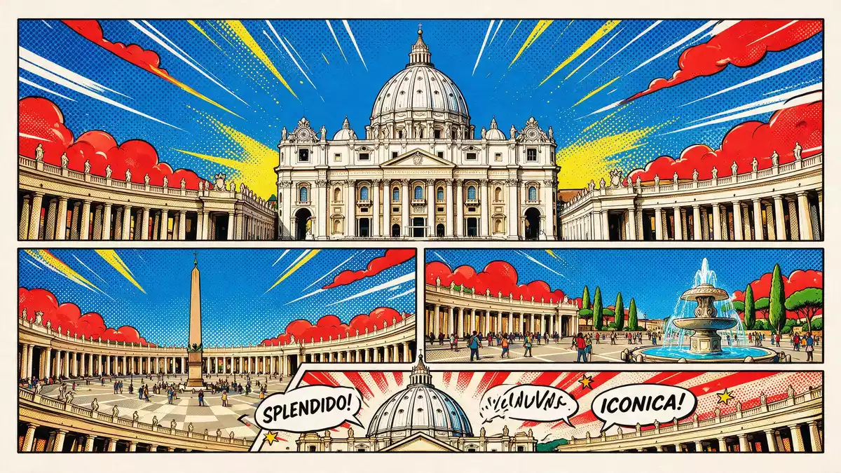 Pop-Art-Comic von Petersdom Vatikan in Vatikanstadt, Vatikanstadt mit Rasterpunkten