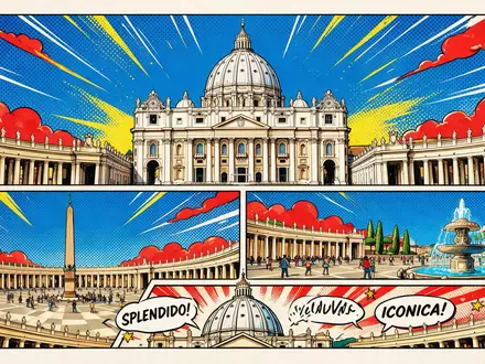 Pop-Art-Comicillustration des Wahrzeichens Petersdom Vatikan in Vatikanstadt Vatikanstadt, kraeftige Konturen Rasterpunkte und satte Farben - Foto: THN