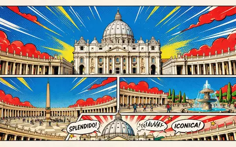 Pop-Art-Comicillustration des Wahrzeichens Petersdom Vatikan in Vatikanstadt Vatikanstadt, kraeftige Konturen Rasterpunkte und satte Farben - Foto: THN