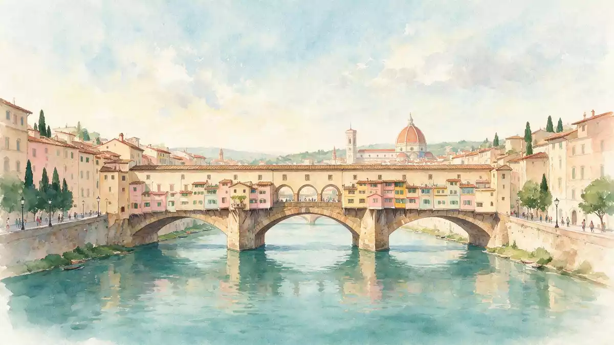 Aquarell-Illustration von Ponte Vecchio Florenz in Florenz, Italien als Reiseposter