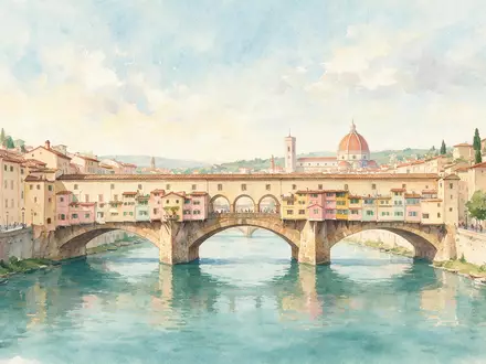 Aquarellillustration des Wahrzeichens Ponte Vecchio Florenz in Florenz Italien, weiche Farbverläufe und pastelliges Reiseposter-Feeling - Foto: THN