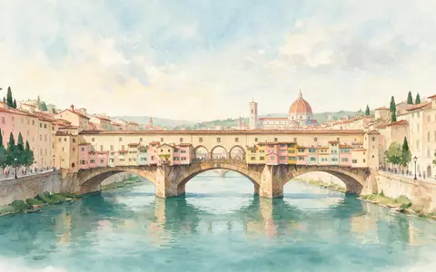 Aquarellillustration des Wahrzeichens Ponte Vecchio Florenz in Florenz Italien, weiche Farbverläufe und pastelliges Reiseposter-Feeling - Foto: THN