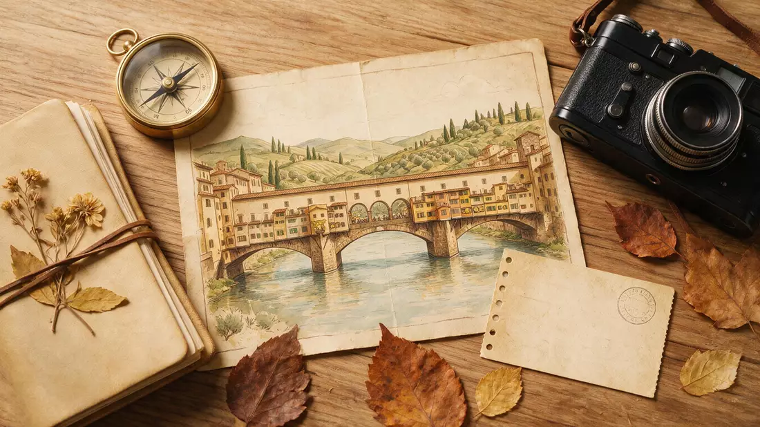 Flatlay-Reise-Arrangement rund um Ponte Vecchio Florenz in Florenz, Italien