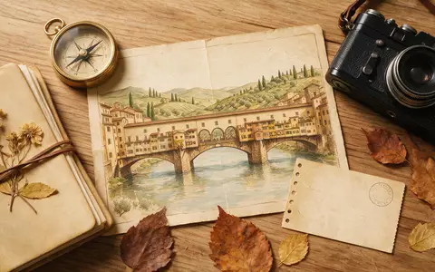 Flatlay-Reise-Arrangement rund um Ponte Vecchio Florenz in Florenz Italien, Karte Kompass Kamera und generische Reiserequisiten - Foto: THN