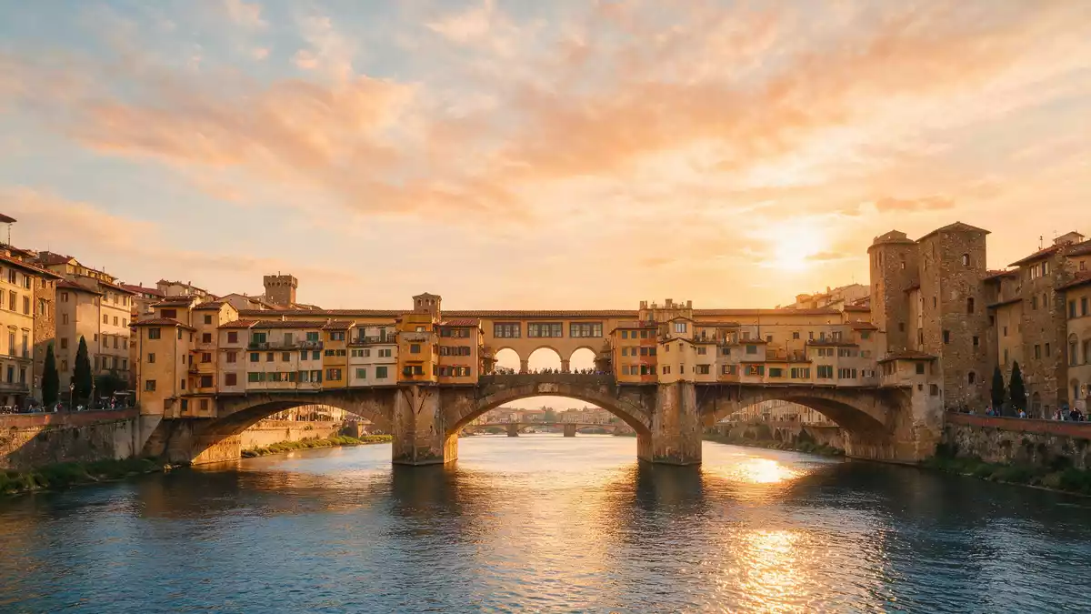 Fotorealistische Ansicht von Ponte Vecchio Florenz in Florenz, Italien im Abendlicht