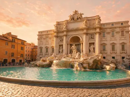 Fotorealistische Panoramaaufnahme von Trevi-Brunnen Rom in Rom Italien, warmes Abendlicht auf Wahrzeichen - Foto: THN