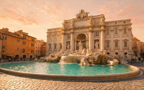 Fotorealistische Panoramaaufnahme von Trevi-Brunnen Rom in Rom Italien, warmes Abendlicht auf Wahrzeichen - Foto: THN