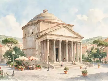 Aquarellillustration des Wahrzeichens Pantheon Rom in Rom Italien, weiche Farbverläufe und pastelliges Reiseposter-Feeling - Foto: THN