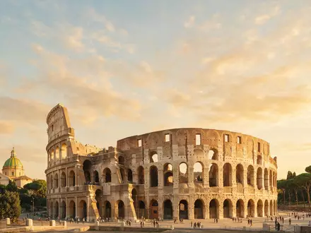 Fotorealistische Panoramaaufnahme von Kolosseum Rom in Rom Italien, warmes Abendlicht auf Wahrzeichen - Foto: THN