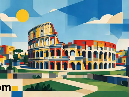 Bauhaus-Poster als geometrische Abstraktion von Kolosseum Rom in Rom Italien, kraeftige Grundfarben und harte Formkanten - Foto: THN