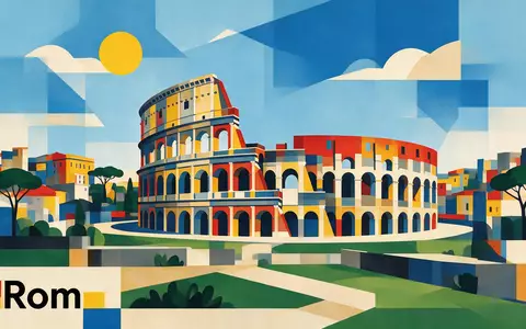 Bauhaus-Poster als geometrische Abstraktion von Kolosseum Rom in Rom Italien, kraeftige Grundfarben und harte Formkanten - Foto: THN