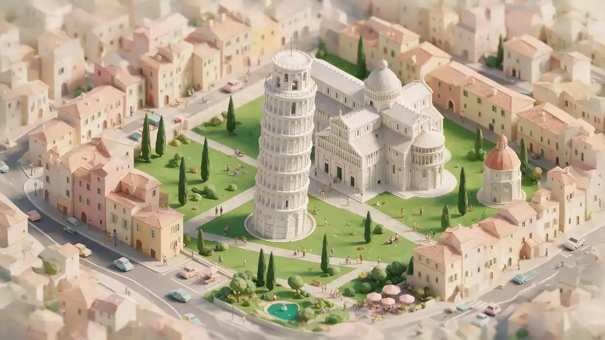 Isometrisches Diorama von Schiefer Turm von Pisa in Pisa, Italien in Pastell