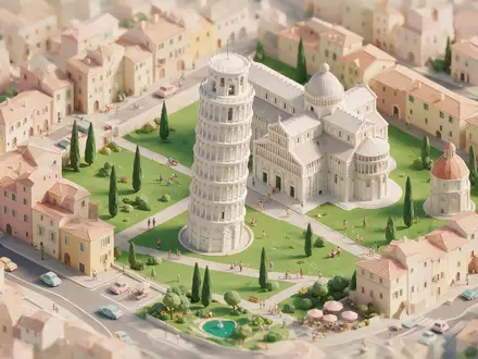 Isometrisches Diorama von Schiefer Turm von Pisa und Umgebung in Pisa Italien, verspielte Low-Poly-Kulisse in - Foto: THN