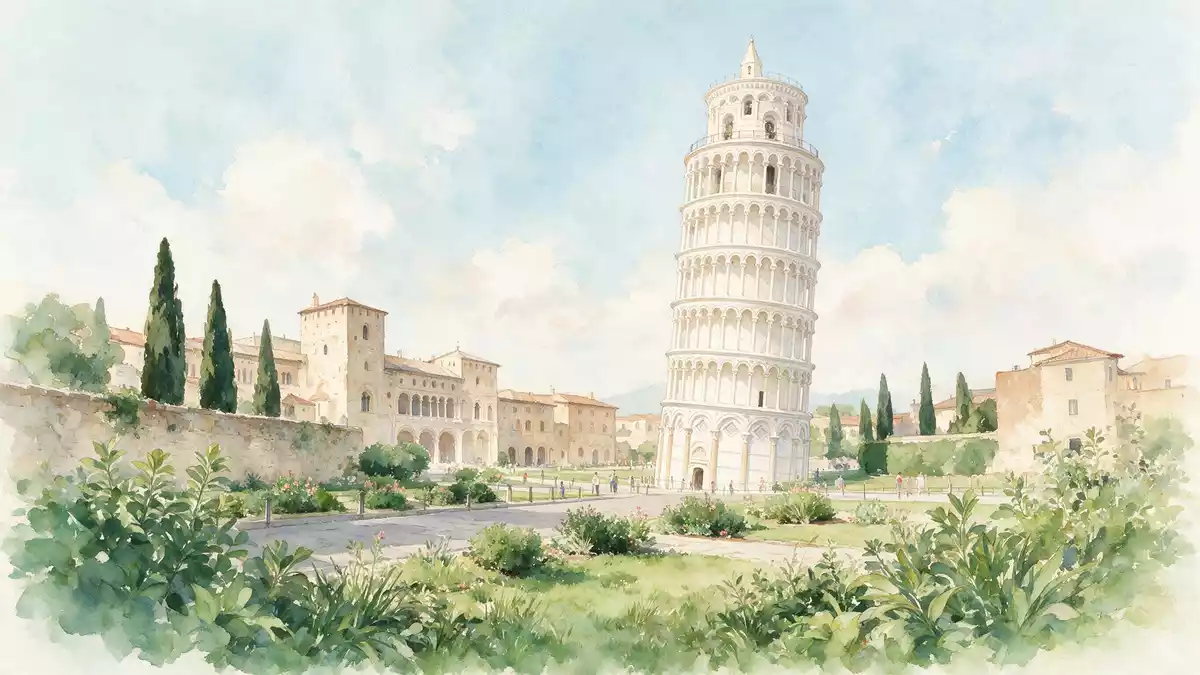 Aquarell-Illustration von Schiefer Turm von Pisa in Pisa, Italien als Reiseposter