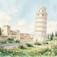 Aquarellillustration des Wahrzeichens Schiefer Turm von Pisa in Pisa Italien, weiche Farbverläufe und pastelliges Reiseposter-Feeling - Foto: THN