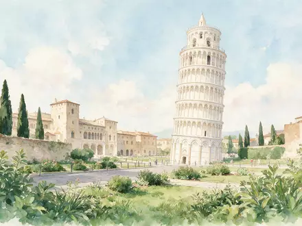Aquarellillustration des Wahrzeichens Schiefer Turm von Pisa in Pisa Italien, weiche Farbverläufe und pastelliges Reiseposter-Feeling - Foto: THN