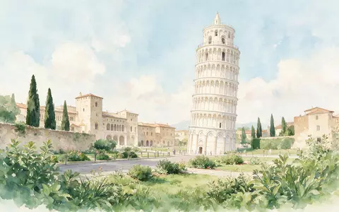 Aquarellillustration des Wahrzeichens Schiefer Turm von Pisa in Pisa Italien, weiche Farbverläufe und pastelliges Reiseposter-Feeling - Foto: THN