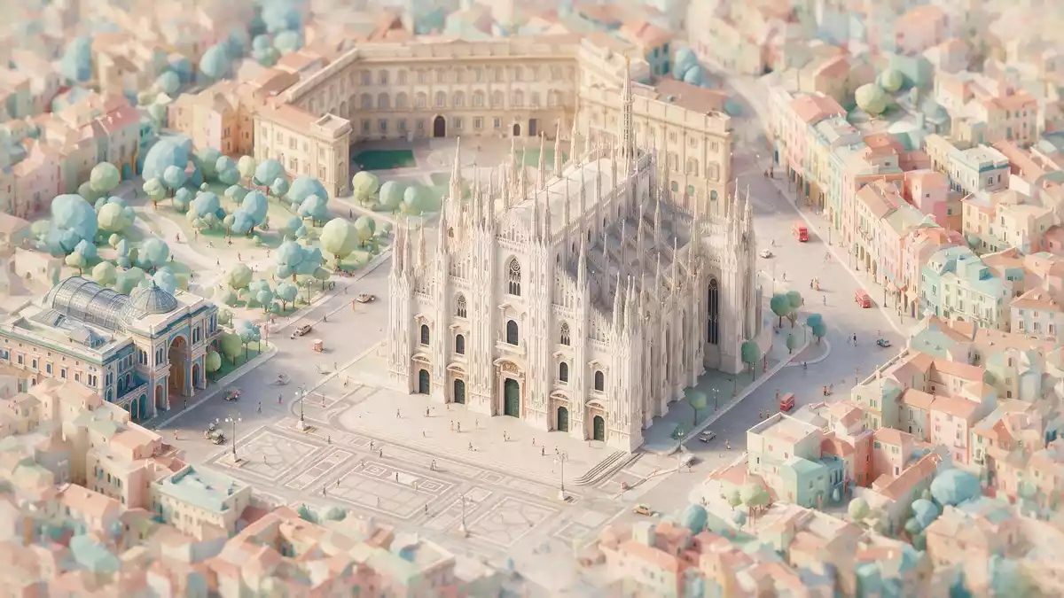 Isometrisches Diorama von Mailänder Dom in Mailand, Italien in Pastell