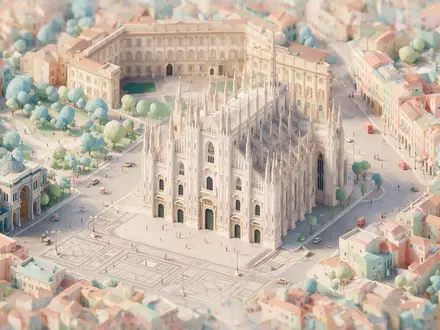Isometrisches Diorama von Mailänder Dom und Umgebung in Mailand Italien, verspielte Low-Poly-Kulisse in Pastellfarben - Foto: THN