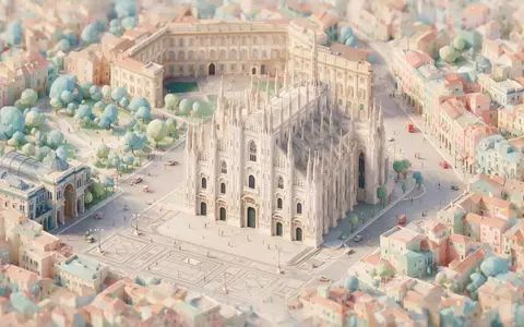Isometrisches Diorama von Mailänder Dom und Umgebung in Mailand Italien, verspielte Low-Poly-Kulisse in Pastellfarben - Foto: THN