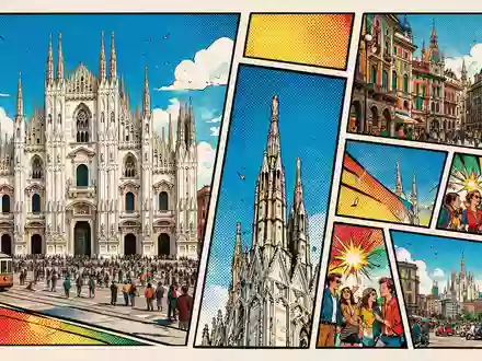 Pop-Art-Comicillustration des Wahrzeichens Mailänder Dom in Mailand Italien, kraeftige Konturen Rasterpunkte und satte Farben - Foto: THN