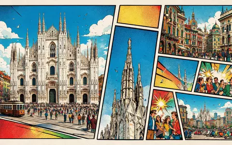 Pop-Art-Comicillustration des Wahrzeichens Mailänder Dom in Mailand Italien, kraeftige Konturen Rasterpunkte und satte Farben - Foto: THN