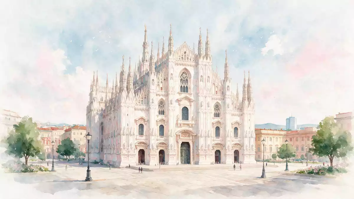 Aquarell-Illustration von Mailänder Dom in Mailand, Italien als Reiseposter