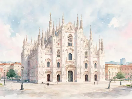 Aquarellillustration des Wahrzeichens Mailänder Dom in Mailand Italien, weiche Farbverläufe und pastelliges Reiseposter-Feeling - Foto: THN