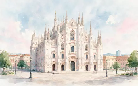 Aquarellillustration des Wahrzeichens Mailänder Dom in Mailand Italien, weiche Farbverläufe und pastelliges Reiseposter-Feeling - Foto: THN