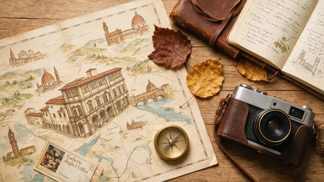 Flatlay-Reise-Arrangement rund um Uffizien Florenz in Florenz, Italien