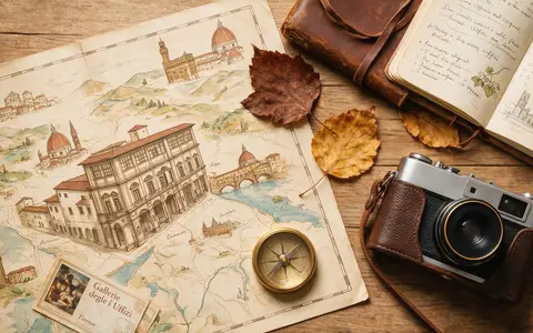 Flatlay-Reise-Arrangement rund um Uffizien Florenz in Florenz Italien, Karte Kompass Kamera und generische Reiserequisiten - Foto: THN