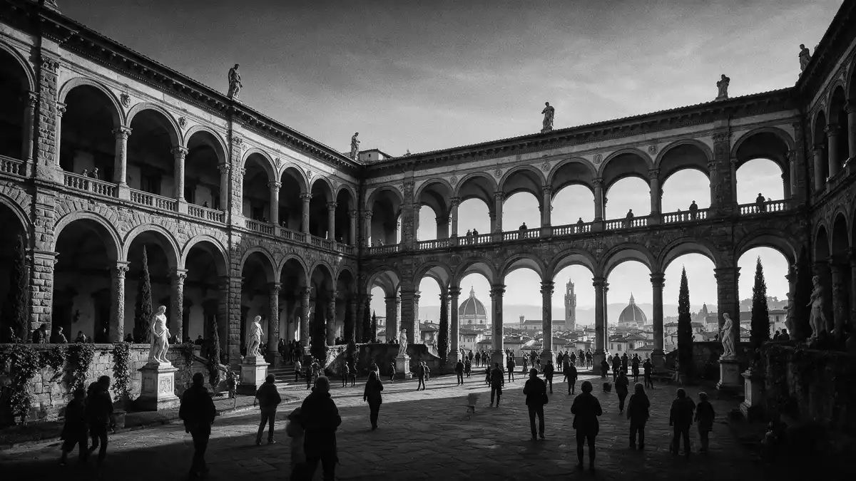 Schwarzweiss-Reportage vom Wahrzeichen Uffizien Florenz in Florenz, Italien