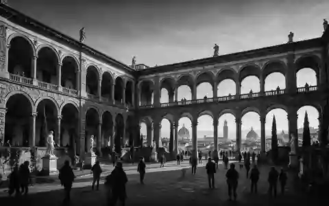 Schwarzweiss-Reportagebild vom Wahrzeichen Uffizien Florenz in Florenz Italien, dokumentarische Reisefotografie mit starken Kontrasten - Foto: THN