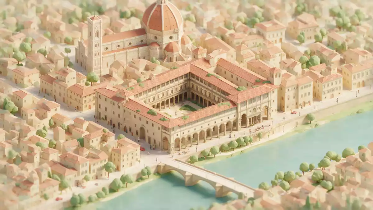 Isometrisches Diorama von Uffizien Florenz in Florenz, Italien in Pastell