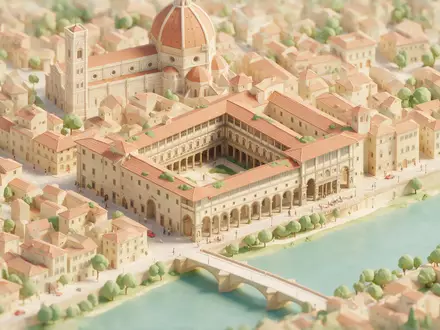 Isometrisches Diorama von Uffizien Florenz und Umgebung in Florenz Italien, verspielte Low-Poly-Kulisse in Pastellfarben - Foto: THN