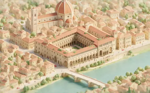 Isometrisches Diorama von Uffizien Florenz und Umgebung in Florenz Italien, verspielte Low-Poly-Kulisse in Pastellfarben - Foto: THN