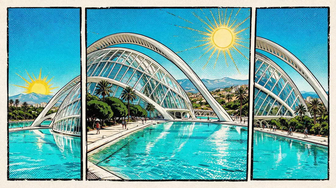 Pop-Art-Comic von Stadt der Künste und Wissenschaften Valencia in Valencia, Spanien mit Rast…