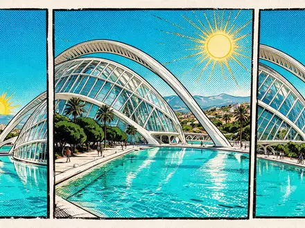 Pop-Art-Comicillustration des Wahrzeichens Stadt der Künste und Wissenschaften Valencia in Valencia Spanien, kraeftige Konturen Rasterpunkte - Foto: THN