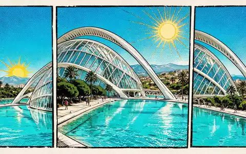 Pop-Art-Comicillustration des Wahrzeichens Stadt der Künste und Wissenschaften Valencia in Valencia Spanien, kraeftige Konturen Rasterpunkte - Foto: THN