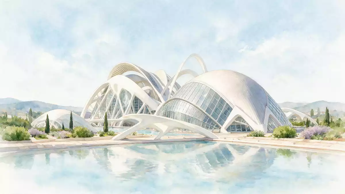 Aquarell-Illustration von Stadt der Künste und Wissenschaften Valencia in Valencia, Spanien…