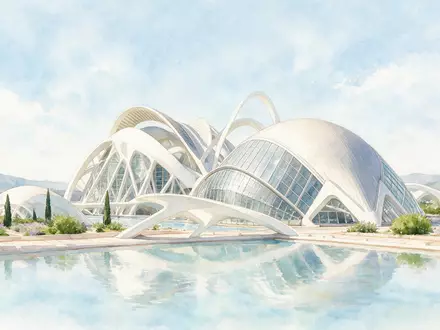 Aquarellillustration des Wahrzeichens Stadt der Künste und Wissenschaften Valencia in Valencia Spanien, weiche Farbverläufe und - Foto: THN