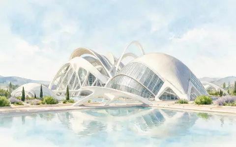Aquarellillustration des Wahrzeichens Stadt der Künste und Wissenschaften Valencia in Valencia Spanien, weiche Farbverläufe und - Foto: THN