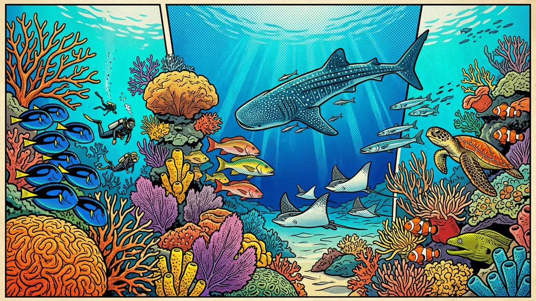 Pop-Art-Comic von Utila-Riff in Utila, Honduras mit Rasterpunkten