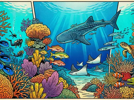Pop-Art-Comicillustration des Wahrzeichens Utila-Riff in Utila Honduras, kraeftige Konturen Rasterpunkte und satte Farben - Foto: THN