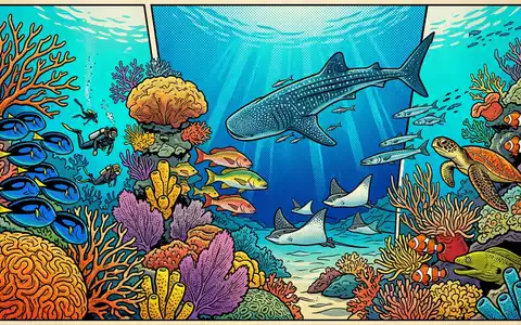 Pop-Art-Comicillustration des Wahrzeichens Utila-Riff in Utila Honduras, kraeftige Konturen Rasterpunkte und satte Farben - Foto: THN